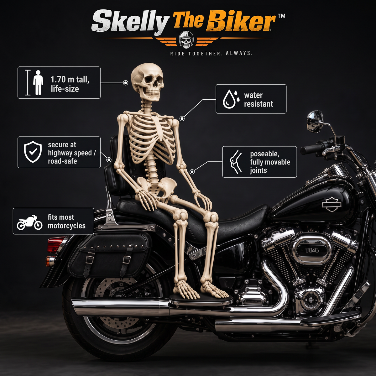 Skelly The Biker™ – Pasajero Esqueleto de Moto a Tamaño Real